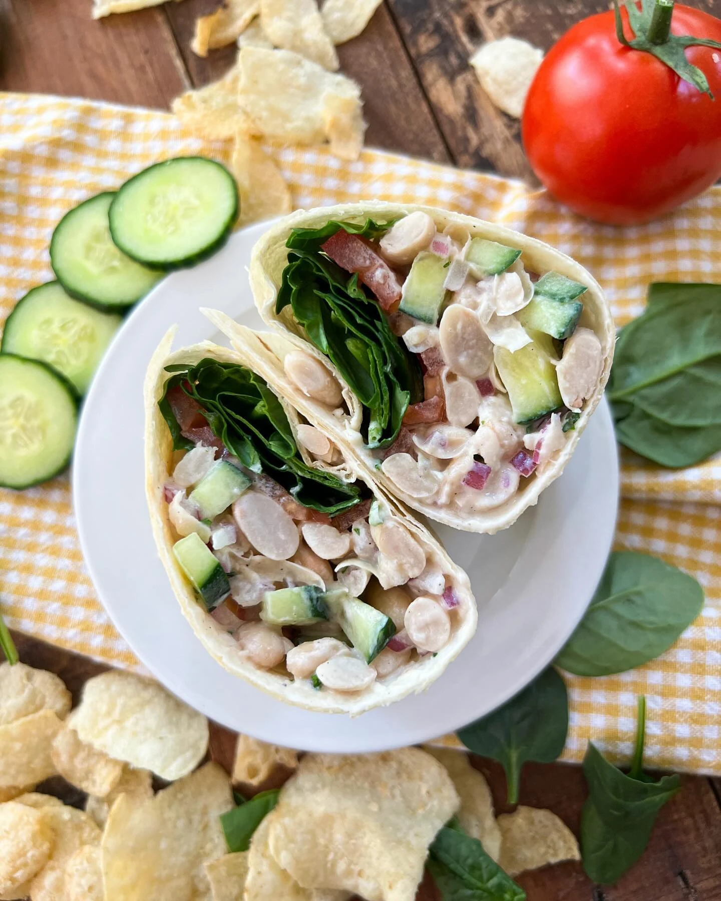 White bean wraps with cucumber, tomato and leafy greens