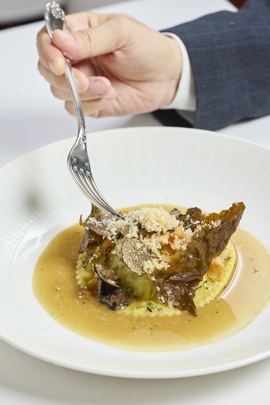 Royal trumpet mushroom raviolo from a past tasting menu at Elizabeth’s in Washington, DC
