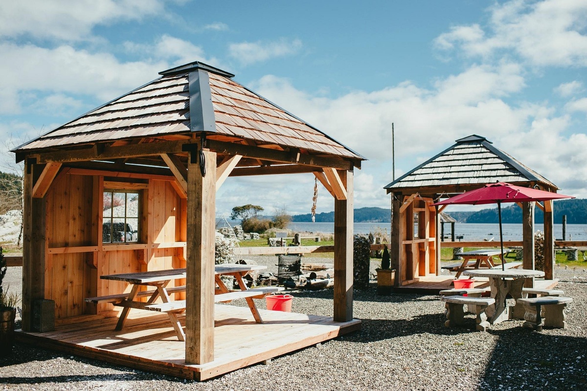 Waterfront dining shelters at Hama Hama Oyster Saloon, photographed in 2015